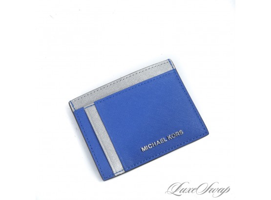 BRAND NEW WITHOUT TAGS AUTHENTIC MICHAEL KORS ROYAL BLUE AND SILVER  SAFFIANO LEATHER CARD CASE WALLET #7934 