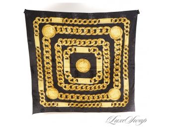 EVVVVVVERYONE WANTS ONE OF THESE! ICONIC VINTAGE 1990S BLACK JACQUARD GOLD CHAINS PRINT 35' SCARF