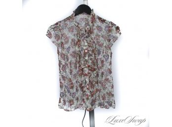 EVERY 90S VIBE FULFILLED : LIKE NEW WITHOUT TAGS NANETTE LEPORE MADE IN USA SILK CHIFFON FLORAL RUFFLE SHIRT 2