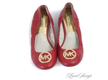 BRAND NEW WITHOUT TAGS AUTHENTIC MICHAEL KORS RUBY RED SUPREMA LEATHER QUILTED MK COIN BALLET FLATS 6