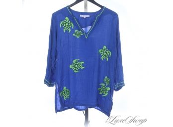 YOUR PREPPY SUMMER UNIFORM : BARBARA GERWIT ROYAL BLUE CRINKLED GREEN TURTLE EMBROIDERED TUNIC M