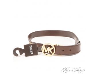 BRAND NEW WITH TAGS AUTHENTIC MICHAEL KORS WOMENS MK COIN MONOGRAM LOGO CANVAS LEATHER ROUND BUCKLE BELT S
