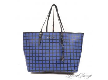 BRAND NEW WITHOUT TAGS AUTHENTIC MICHAEL KORS LARGE 19' ROYAL BLUE BLACK GRID CHECKED NEVER FULL TOTE BAG!
