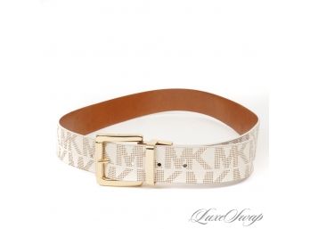 BRAND NEW WITHOUT TAGS MICHAEL KORS WOMENS WHITE MK MONOGRAM CANVAS GOLD BUCKLE BELT M