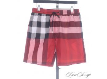 THE STAR OF THE SHOW! AUTHENTIC AND LIKE NEW BURBERRY MENS CINNAMON TARTAN PLAID SWIM TRUNKS S