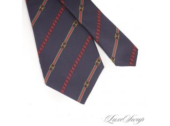 THIS IS A VERY, VERY GOOD ONE! VINTAGE AUTHENTIC GUCCI MADE IN ITALY MENS NAVY SILK TIE WITH MONOGRAM & STRIPE