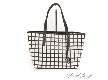BRAND NEW WITHOUT TAGS AUTHENTIC MICHAEL KORS LARGE 14' WHITE BLACK GRID CHECKED NEVER FULL TOTE BAG!