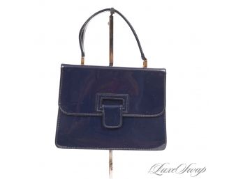 THE CLASSICS, THEY NEVER GO OUT OF STYLE : VINTAGE 1960S / 70S NAVY BLUE PATENT LEATHER FLAP HARDFRAME HANDBAG