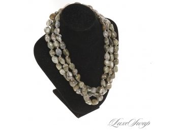 GORGEOUS! LIKE NEW TRIPLE STRAND GENUINE SEMIPRECIOUS STONE NECKLACE WITH MOTHER OF PEARL CLASP