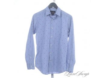 MODERN AND FRESH! MENS MASSIMO DUTTI ITALIAN CHAMBRAY BLUE BUTTON DOWN SHIRT WITH RED ALLOVER DOTS S