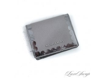 BRAND NEW WITHOUT TAGS AUTHENTIC MICHAEL KORS CINDER GREY SAFFIANO LEATHER SILVER SCALLOPED FLAP WALLET