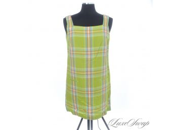 LIKE NEW WITHOUT TAGS VINTAGE Y2K 90S DKNY LIME GREEN MADRAS LINEN BLEND SACK DRESS 8
