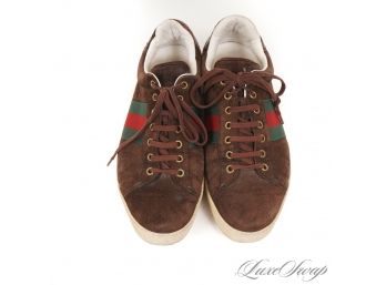 THE ONES EVERYONE WANTS! GUCCI MADE IN ITALY MENS BROWN SUEDE 'ACE' SNEAKERS WITH REAL CROCODILE DETAILS 8.5