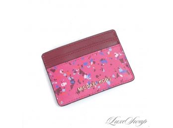 BRAND NEW WITHOUT TAGS AUTHENTIC MICHAEL KORS MERLOT AND PINK PAINT SPLATTER LEATHER CARD CASE WALLET