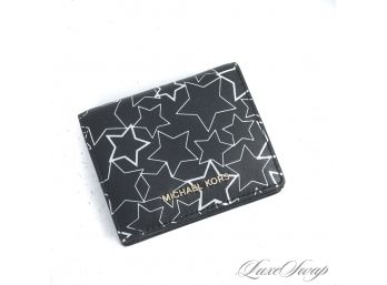 BRAND NEW WITHOUT TAGS AUTHENTIC MICHAEL KORS BLACK NAPPA LEATHER SILVER STAR PRINT FLAP WALLET