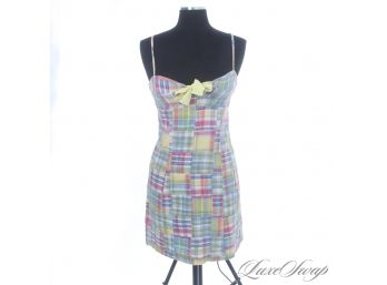 LIKE NEW WITHOUT TAGS TAILOR NEW YORK INDIAN BLEEDING MADRAS CITRINE GROSGRAIN BOW DRESS 4