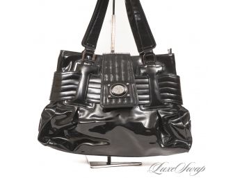 THE STAR OF THE SHOW! AUTHENTIC VERSACE MADE IN ITALY $1,900 BLACK PATENT LEATHER HANDBAG WITH SLEEPER