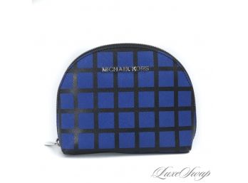 BRAND NEW WITHOUT TAGS AUTHENTIC MICHAEL KORS ROYAL BLUE SAFFIANO LEATHER BLACK GRID PLAID MAKEUP BAG