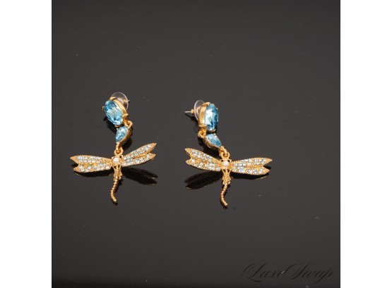 THE GOOD STUFF! BRAND NEW OSCAR DE LA RENTA MADE IN USA LARGE GOLD METAL BLUE CRYSTAL DRAGONFLY EARRINGS