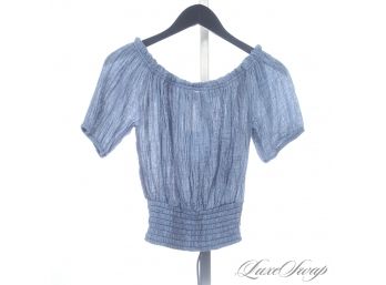 SO FREAKING CUTE : BRAND NEW WITH TAGS ELAN DENIM BLUE GARMENT DYED STRETCH RUCHED BOHO SHIRT L