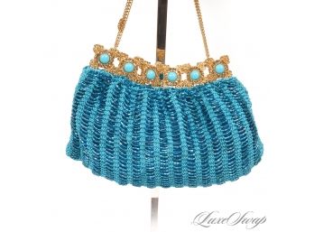 WHAT A COLOR! CLARA KASAVINA MADE IN ITALY TURQUOISE CROCHET BUGLE BEAD EMBROIDERED GOLD MESH FRAME BAG