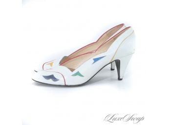 THESE ARE SWEET : VINTAGE 1980S PARADOX BY ZALO WHITE LEATHER RAINBOW CUTOUT INSERT PUMPS SHOES 8