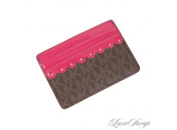 GEAR UP FOR GIFT GIVING : BRAND NEW WITH TAGS MICHAEL KORS PINK PATENT SCALLOPED MK MONOGRAM CARD CASE WALLET