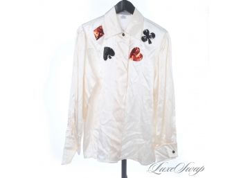 WHERES THE GAMBLERS?! VINTAGE 1980S 1990S BALDANZA IVORY PURE SILK PLAYING CARD EMBROIDERED SHIRT 8