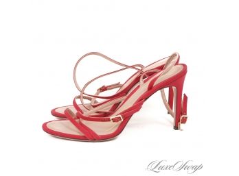 BRAND NEW WITHOUT BOX RECENT $500 OSCAR DE LA RENTA MADE IN ITALY LIPSTICK RED SILK STRAPPY SANDALS 39 (US 9)