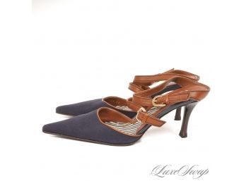 SUMMER BEAUTIES : $500 SERGIO ROSSI MADE IN ITALY BLUE CANVAS AND VICUNA BROWN LEATHER STRAPPY SHOES 37 (7)