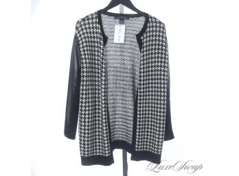 NOT CHEAP MY FRIENDS, NOT CHEAP : RALPH LAUREN B/W HOUNDSTOOTH 100 PERCECNT CASHMERE CARDIGAN W/LEATHER SLEEVE