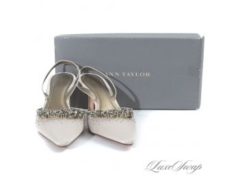 LIKE NEW IN BOX $128 ANN TAYLOR CHAMPAGNE SATIN 'INGRID' EMBROIDERED CONFETTI CRYSTAL MULE SHOES 8