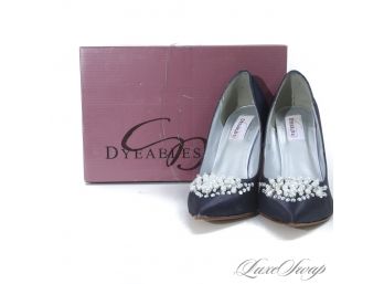 CUSTOM DONE AND WORN ONCE! DYEABLES 'LENNON' MIDNIGHT BLUE SATIN EVENING PUMPS WITH PEARL CONFETTI STONES 8.5