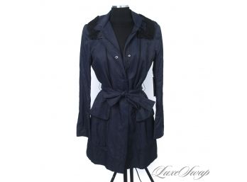 BRAND NEW WITH TAGS $228 ELIE TAHARI 'DORI' MIDNIGHT METAL BLEND UNSTRUCTURED BELTED TRENCH COAT M