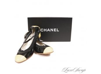 THE STARS OF THE SHOW! AUTHENTIC $625 CHANEL 2007 07P BLACK / BUTTER PATENT LEATHER CAPTOE SHOES 39.5