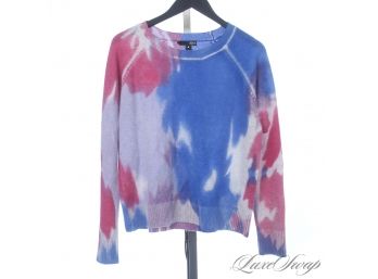 THESE KNITS ARE SERIOUSLY ADDICTIVE : HIGH QUALITY AQUA 100 PERCENT CASHMERE RED AND BLUE TIE DYE SWEATER S