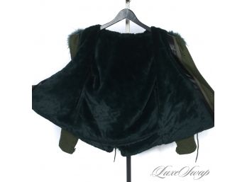 THE STAR OF THE SHOW! CURRENT AND MINT ARMY GREEN JACKET WITH GENUINE FOX FUR COLLAR AND SHERPA LINING XL