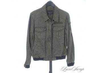 MODERN FRESH AND NEAR MINT SANCTUARY TUMBLED ARMY GREEN MILITARY JACKET WITH WILDERNESS PATCHES M