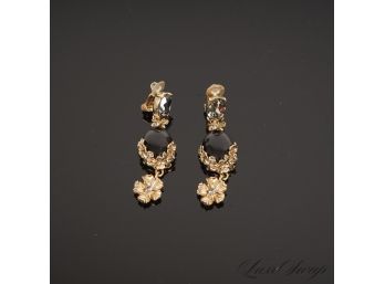 THE GOOD STUFF! LIKE NEW $350 OSCAR DE LA RENTA MADE IN USA GOLD AND BLACK SMOKED STONE FLORAL DROP EARRINGS