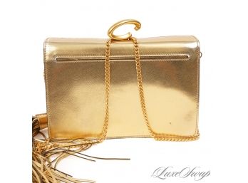 INSANE! VIRTUALLY BRAND NEW $1500 OSCAR DE LA RENTA MADE IN ITALY GOLD LAME LEATHER 'O' BAG WITH GIANT TASSEL