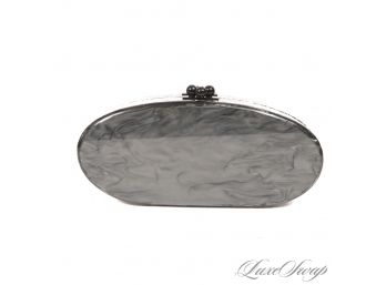WOW GO LOOK THESE UP! LIKE NEW EDIE PARKER HAND MADE IN USA SILVER GLITTER LUCITE MARBLED OVAL CLUTCH BAG