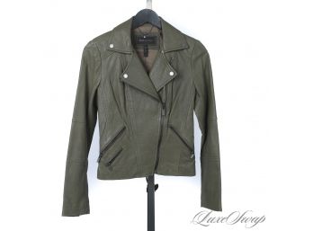 MINT, CURRENT AND QUITE EXPENSIVE BCBG MAX AZRIA ARMY GREEN DISTRESSED LEATHER MOTORCYCLE JACKET XS