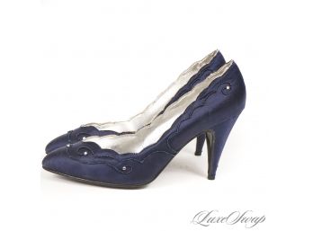 VINTAGE 1980S 1990S IMPO NAVY BLUE SATIN SCALLOPED PUMPS WITTH BEADWORK EMBROIDERY 28