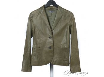 THE STAR OF THE SHOW : WHAT A COLOR! VINCE OLIVE GREEN NAPPA LEATHER FITTED BLAZER JACKET 6