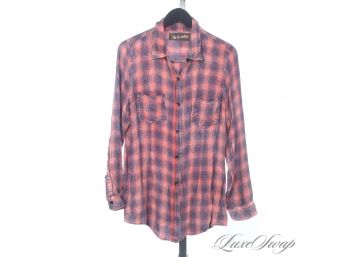 SMELLS LIKE TEEN SPIRIT : BRAND NEW WITH TAGS THE NU VINTAGE SLINKY DRAPED WASHED CORAL PLAID SHIRT M