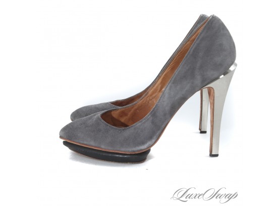 YOULL BE LOOKING DOWN ON EM! L.A.M.B BY GWEN STEFANI ELEPHANT GREY SUEDE PLATFORM SILVER HEEL SHOES 10