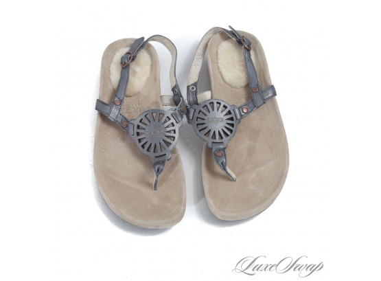 SO CUTE! LIKE NEW UGG AUSTRALIA ANTHRACITE LEATHER SUNBURST COIN THONG SANDALS WITH SHEARLING PAD 6
