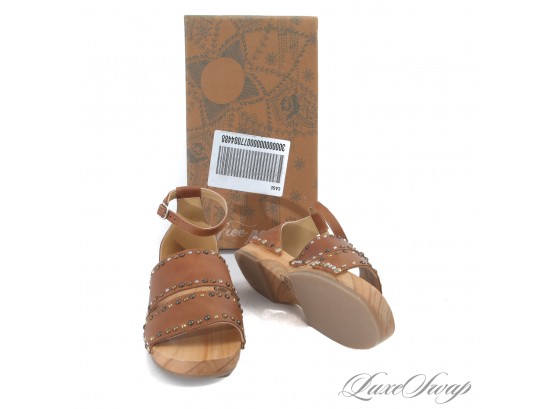 BRAND NEW IN BOX FREE PEOPLE 'NORTH SHORE CLOG' CEDAR BROWN STUDDED WOOD SOLE SHOES 37