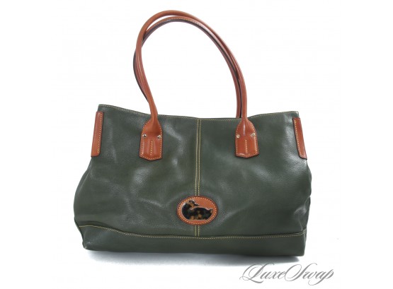 ITS MASSIVE! NEAR MINT DOONEY & BOURKE FOREST GREEN DRUMMED LEATHER BROWN TRIM X-LARGE TOTE BAG