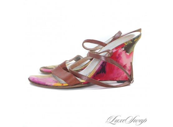 VACATION TO THE TROPICS : DOLCE & GABBANA TROPICAL FLORAL CANVAS AND LEATHER STRAPPY WEDGE SHOES 37.5